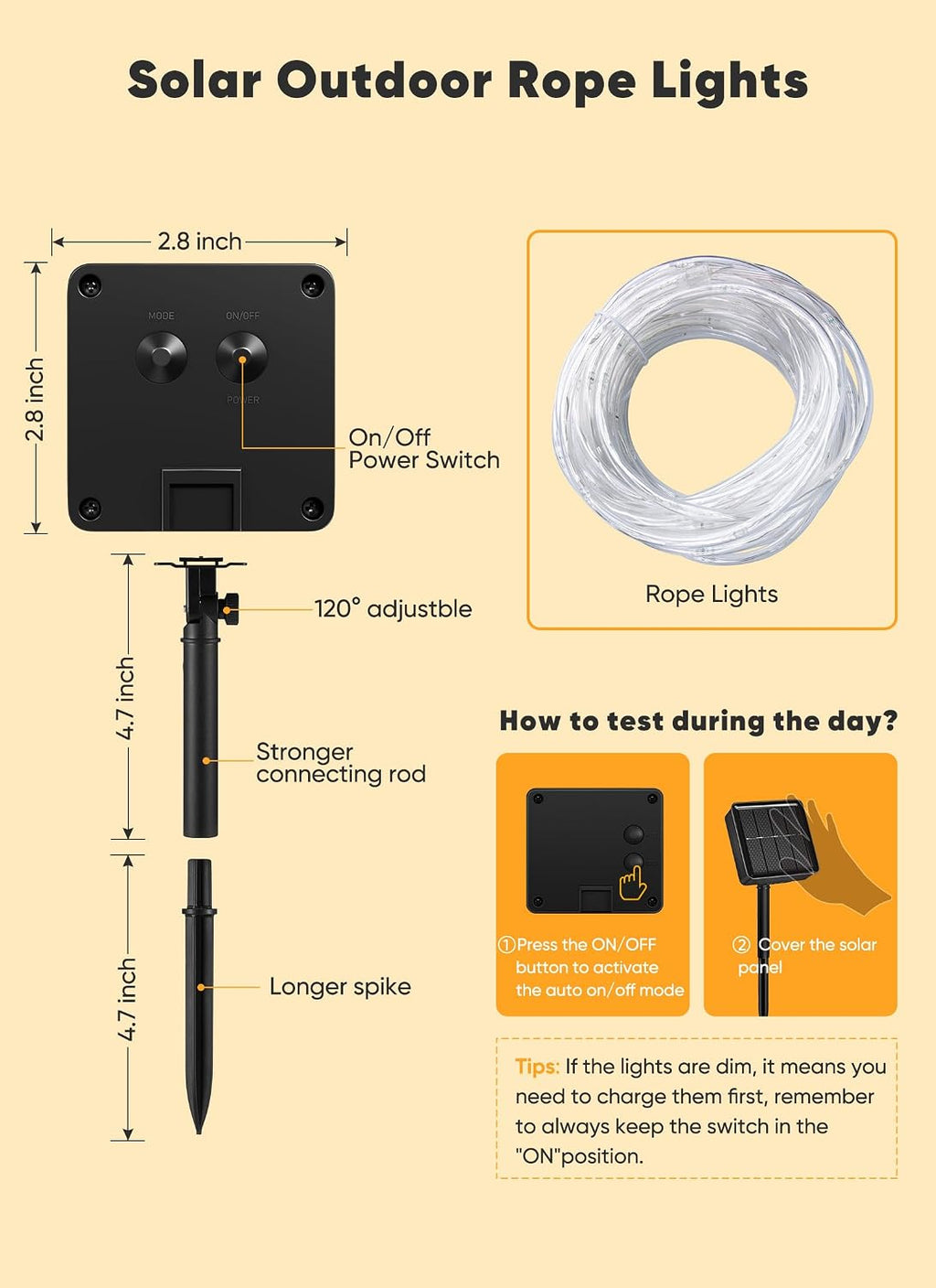 Brightown Solar Rope Lights, Warm White, 39 ft