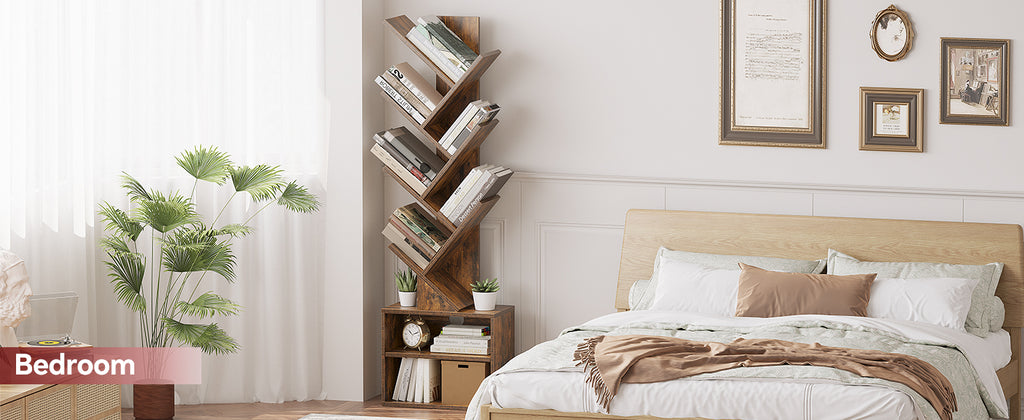 SUNMORY Six-Tier Tree Bookshelf with Storage, Brown
