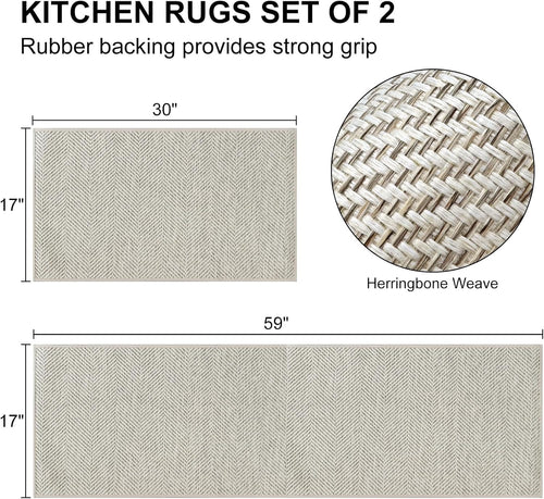 HDFK Herringbone Kitchen Rug Set, Beige, 2 Pieces