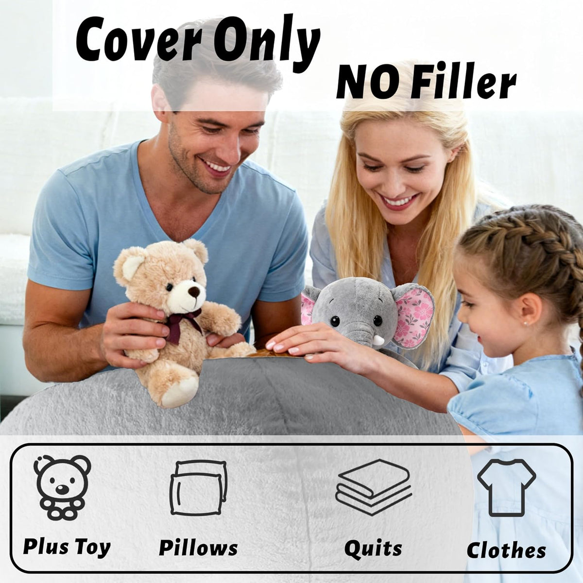 Gurxien Faux Fur Bean Bag Cover – Light Gray, Adult L (No Filling)