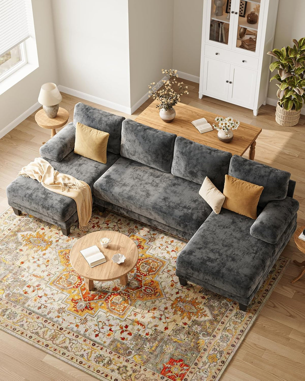 TROMIRY 112-Inch U-Shaped Chenille Sectional Sofa, Dark Grey