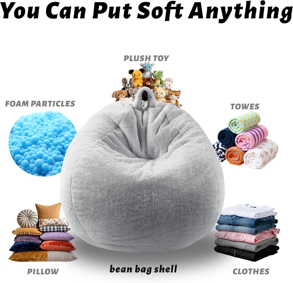 Gurxien Faux Fur Bean Bag Cover – Light Gray, Adult L (No Filling)