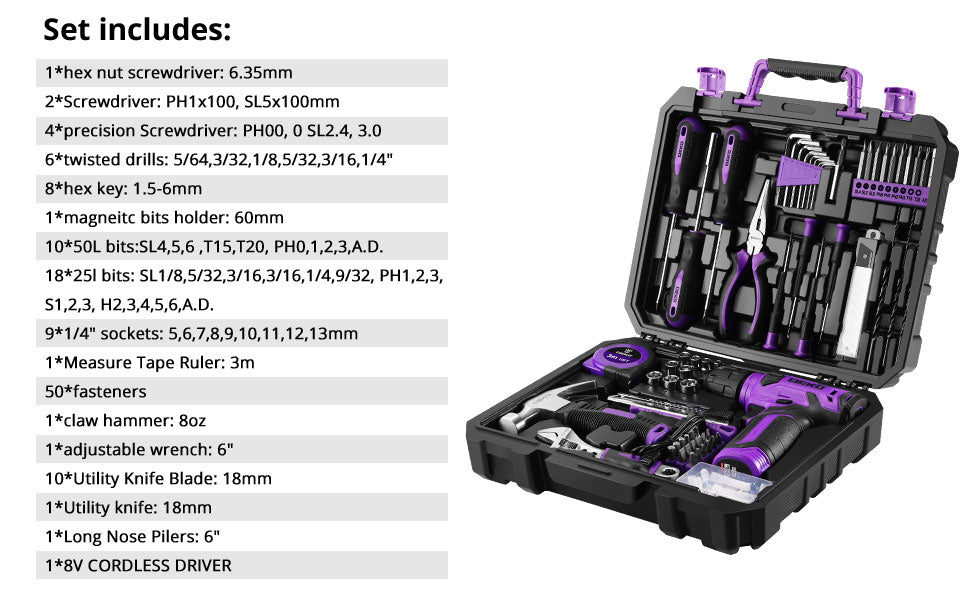 DEKOPRO 126-Piece Cordless Drill and Hand Tool Set – Purple – product detail