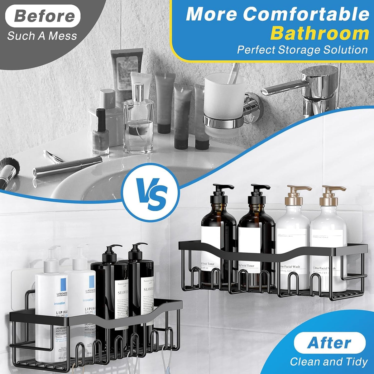 EUDELE Adhesive Bathroom Organizer Set, Black, 5 Pieces