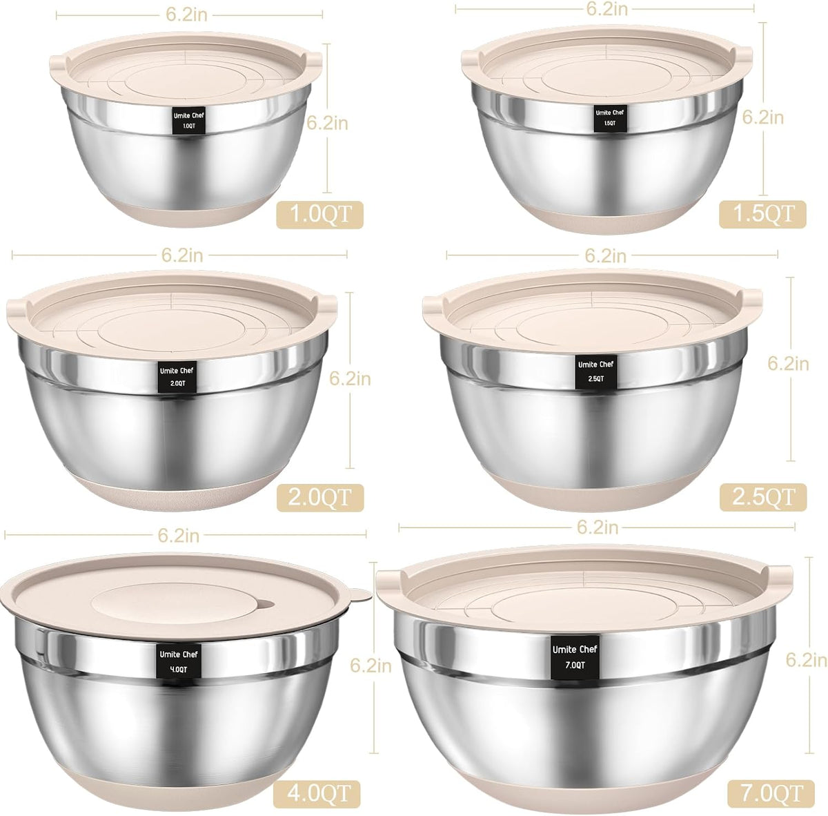 Umite Chef Mixing Bowls and Kitchen Tools, Khaki, 26 Pieces