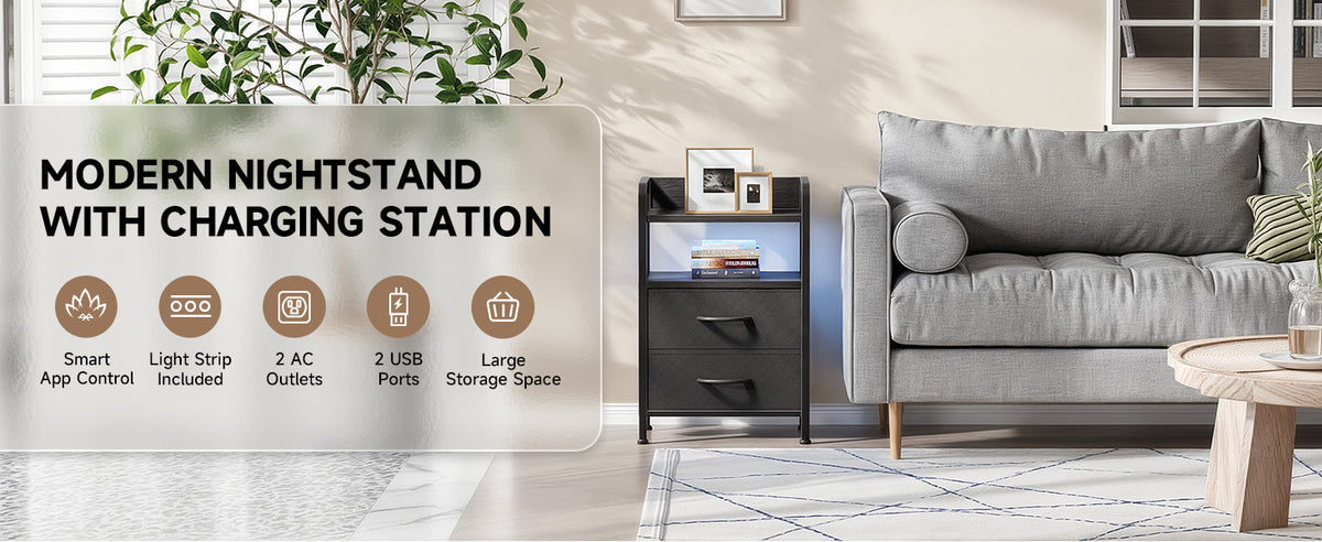 Lazzanto Two-Drawer Nightstand with Charging Station and LED Light, Black