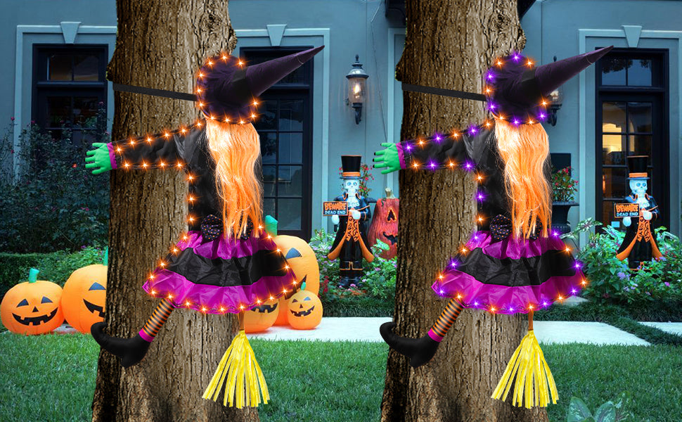 ILLUMINEW 001 Solar-Lighted Halloween Crashing Witch Decoration – Orange Purple – product detail