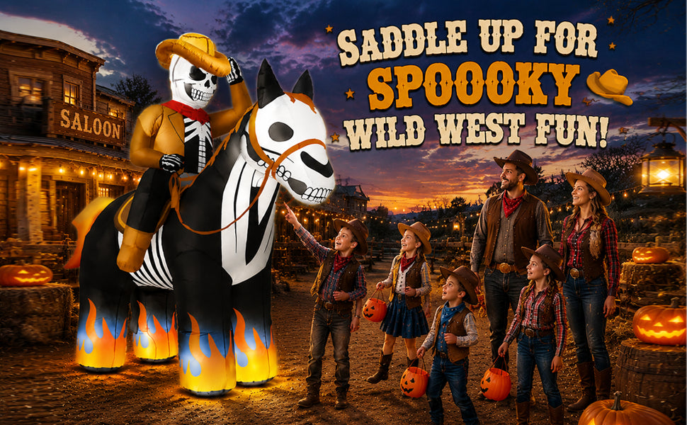 zukakii QM-WS-041 7-Foot Halloween Skeleton Cowboy & Horse Inflatable – Black – product detail