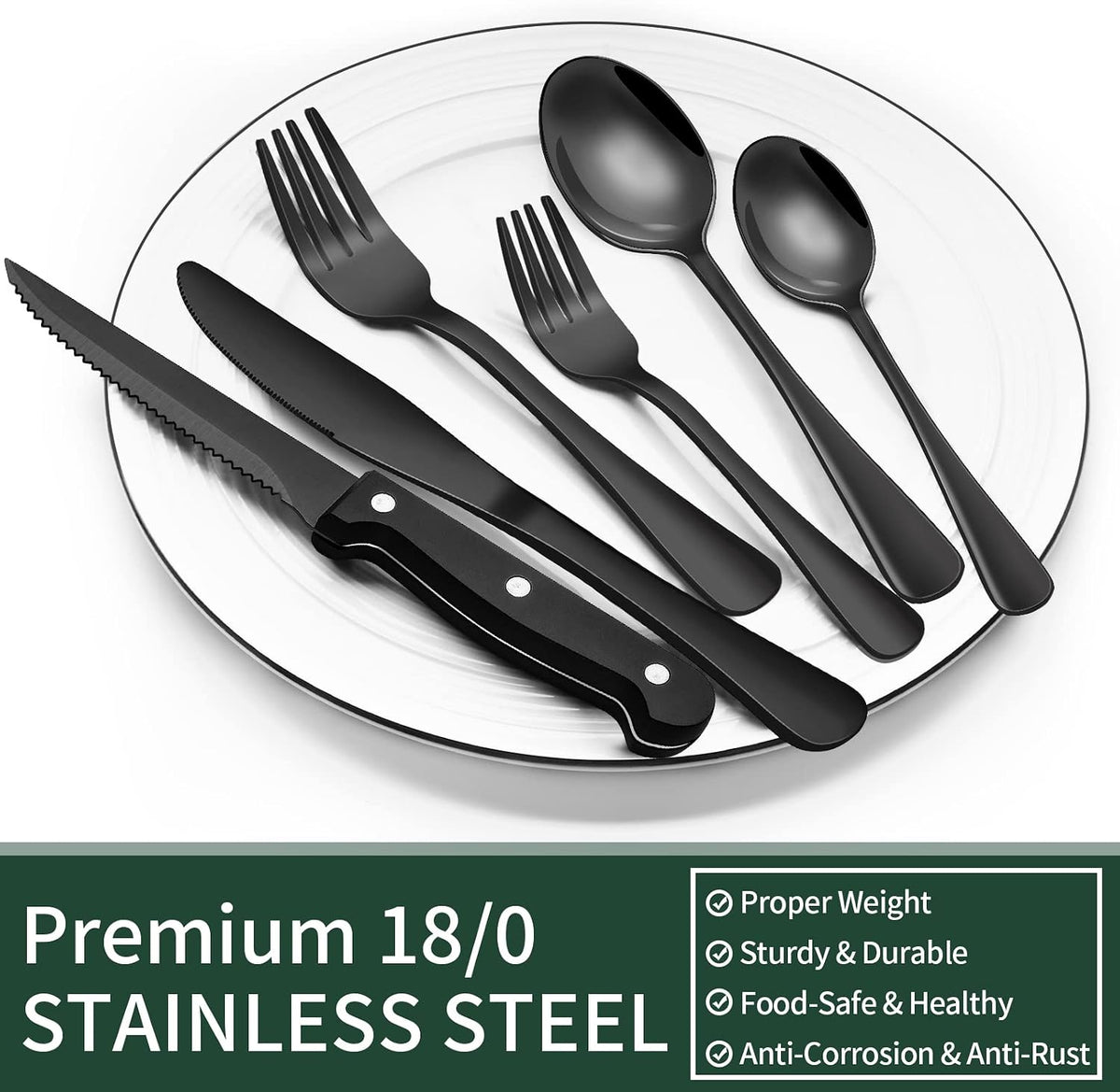 EWFEN Black Flatware with Steak Knives, 24-Piece Set