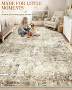 OLANLY Beige Abstract Washable Area Rug