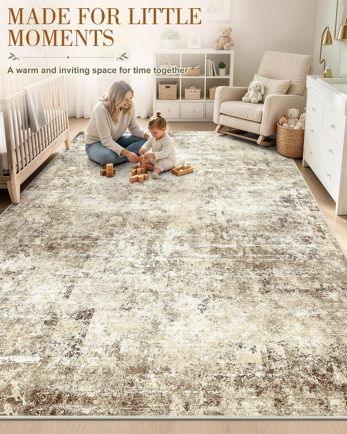 OLANLY Beige Abstract Washable Area Rug