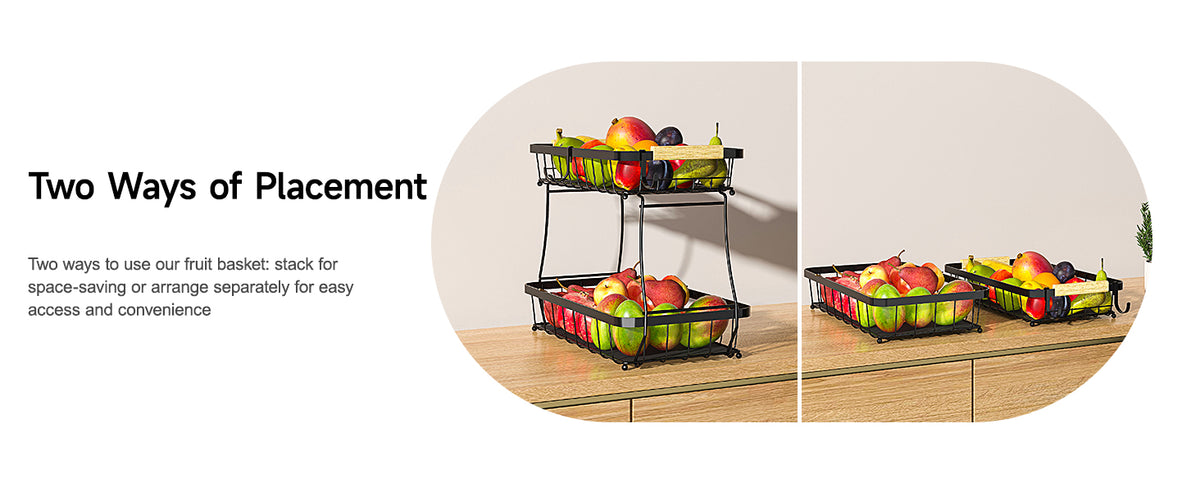 Sevenblue Two-Tier Fruit Basket with Banana Hooks, Black