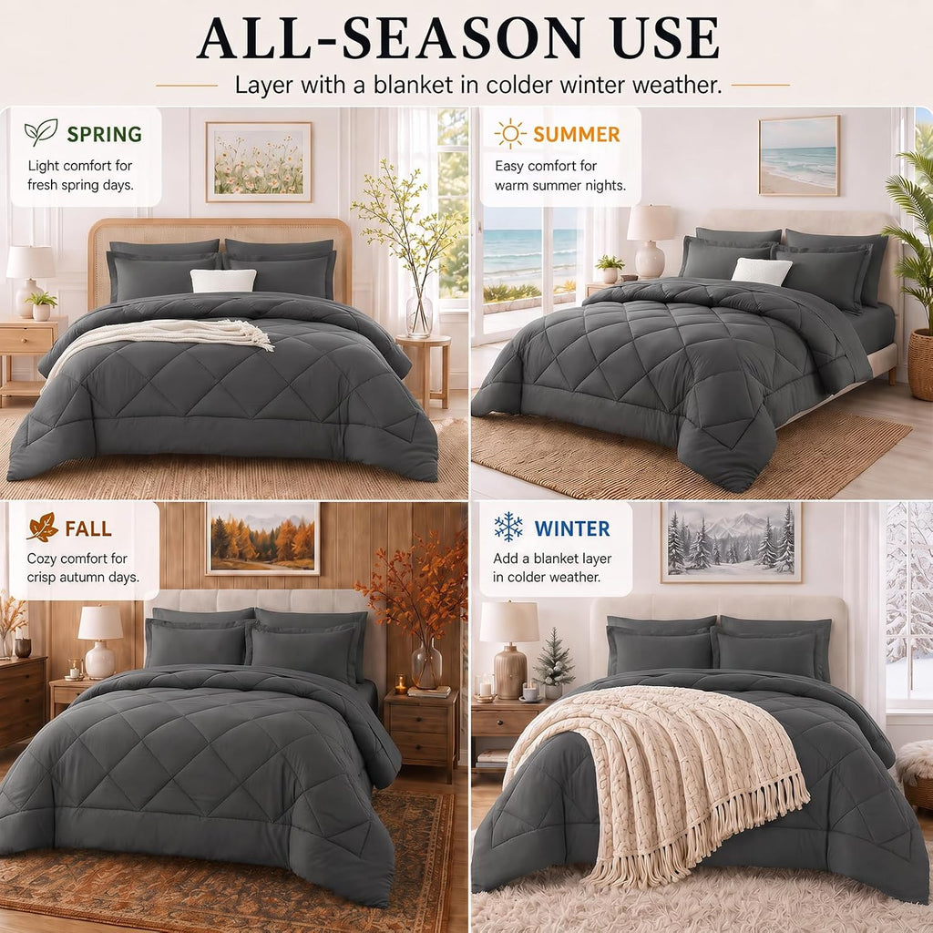 CozyLux Queen Comforter and Sheet Set, 7 Pieces, Dark Grey