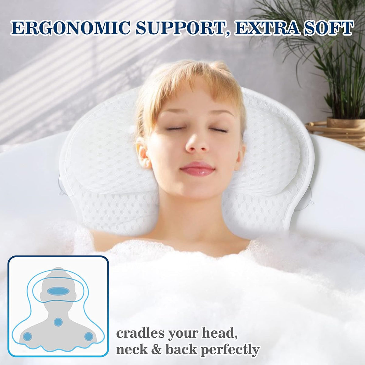 Ozyalo Mesh Bath Pillow with Six Suction Cups, White