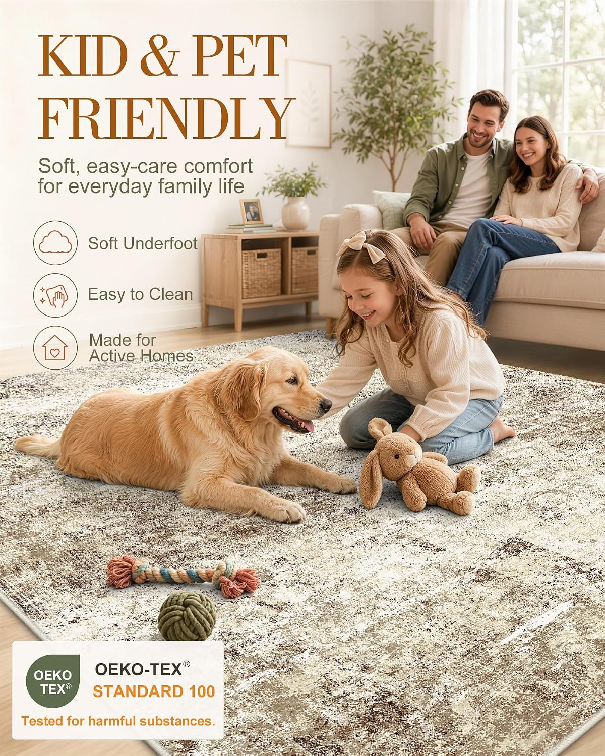 OLANLY Beige Abstract Washable Area Rug