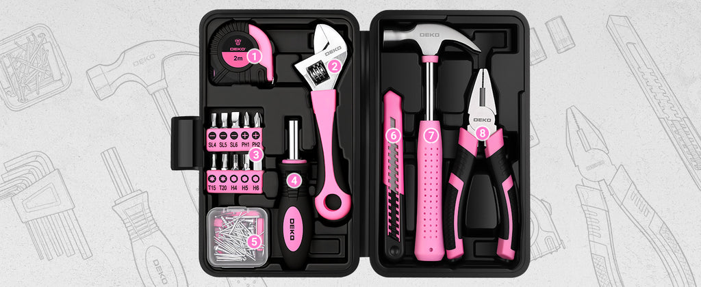 DEKOPRO DKMHTK086BMC-Pink 86-Piece Household Hand Tool Kit – Pink – product detail