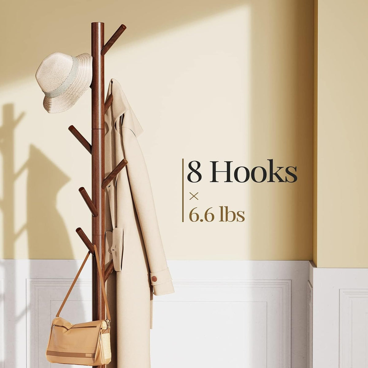 Pipishell Wooden Coat Rack with Eight Hooks, Brown