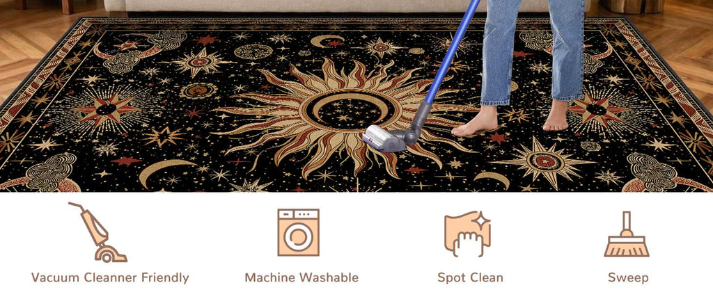 meejou Sun and Moon Area Rug, Black/Gold/Beige/Red, 5 x 7 ft