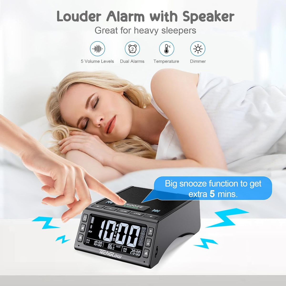TechGlow Bluetooth Speaker Stand with Dual Alarm Clock, Black