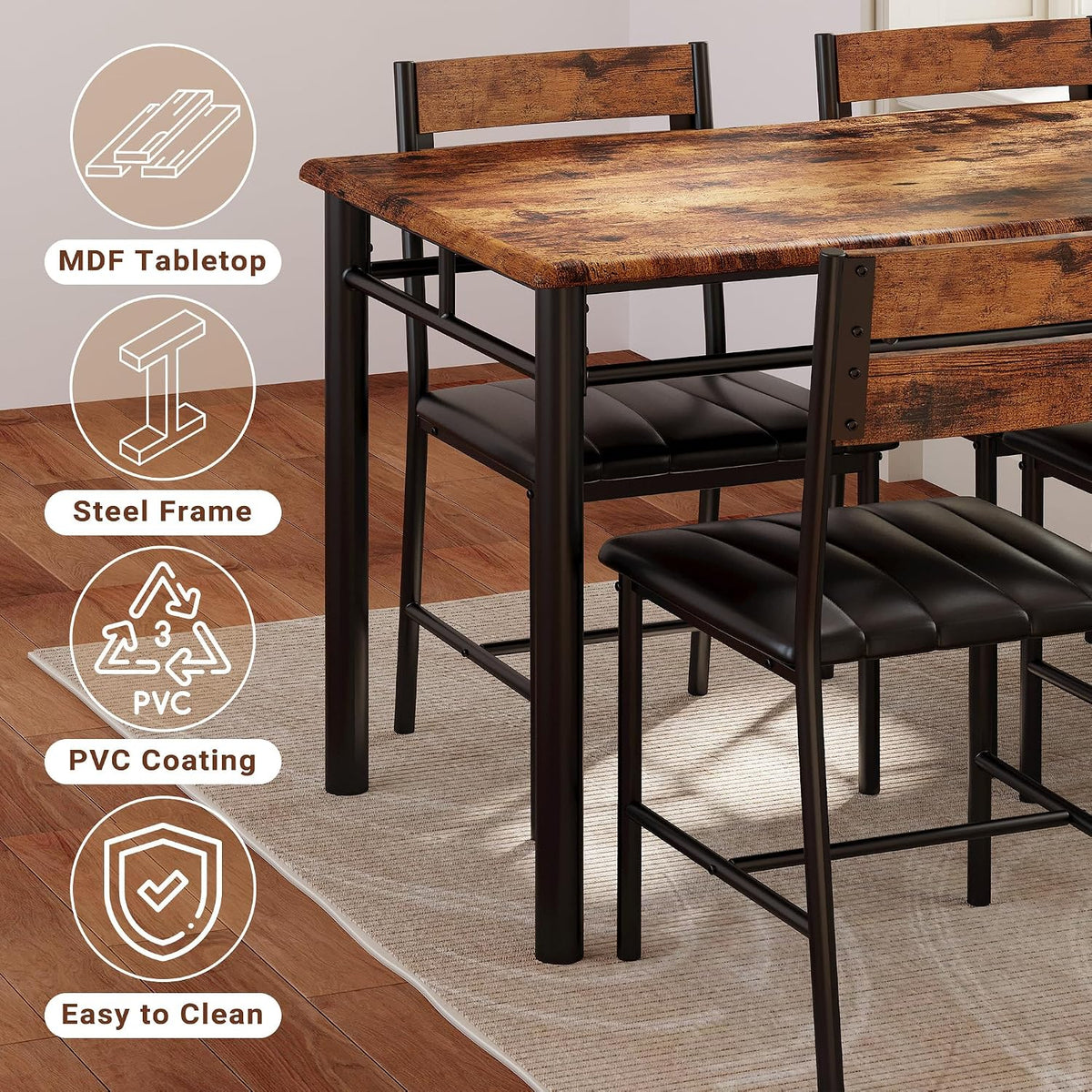 IRONCK Five-Piece Dining Set with Four Chairs, Rustic Brown