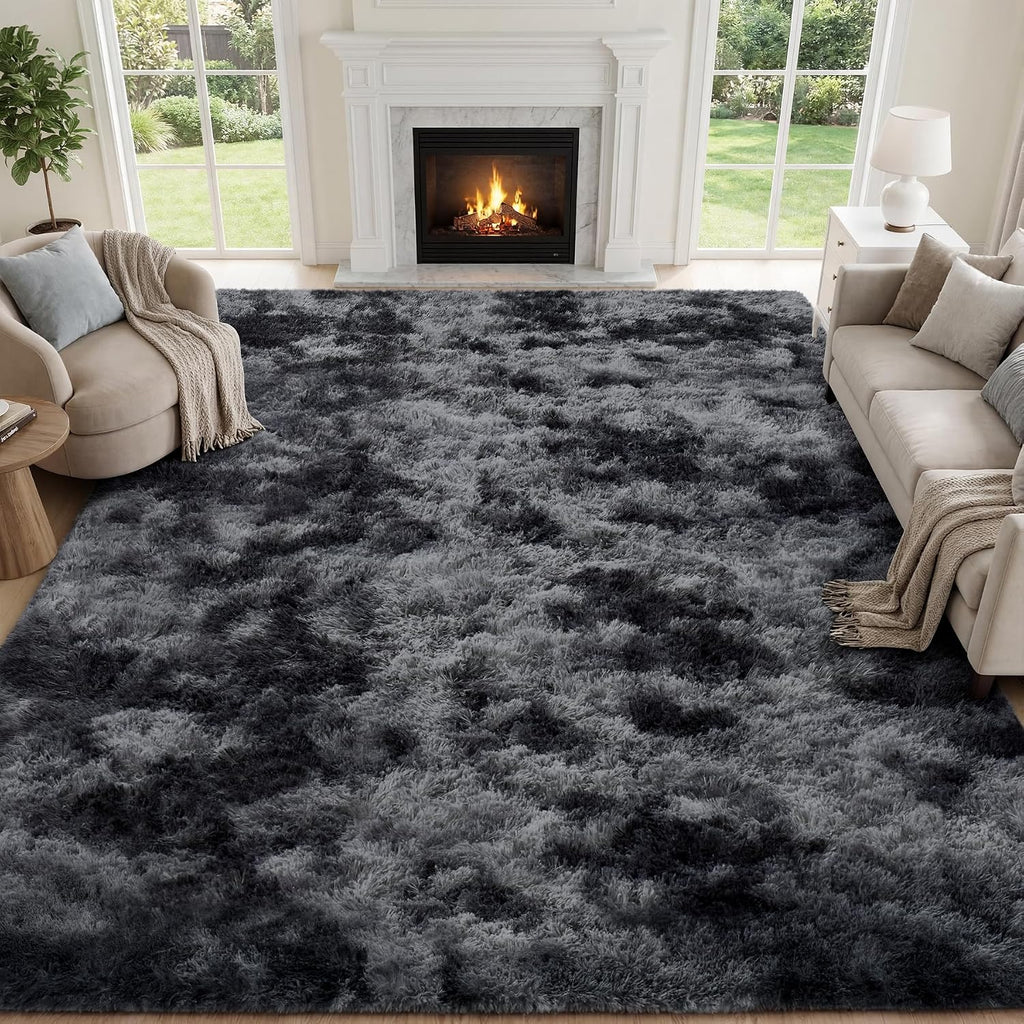 PLHXFR Shag Area Rug, Tie-Dyed Dark Grey, 8 x 10 ft