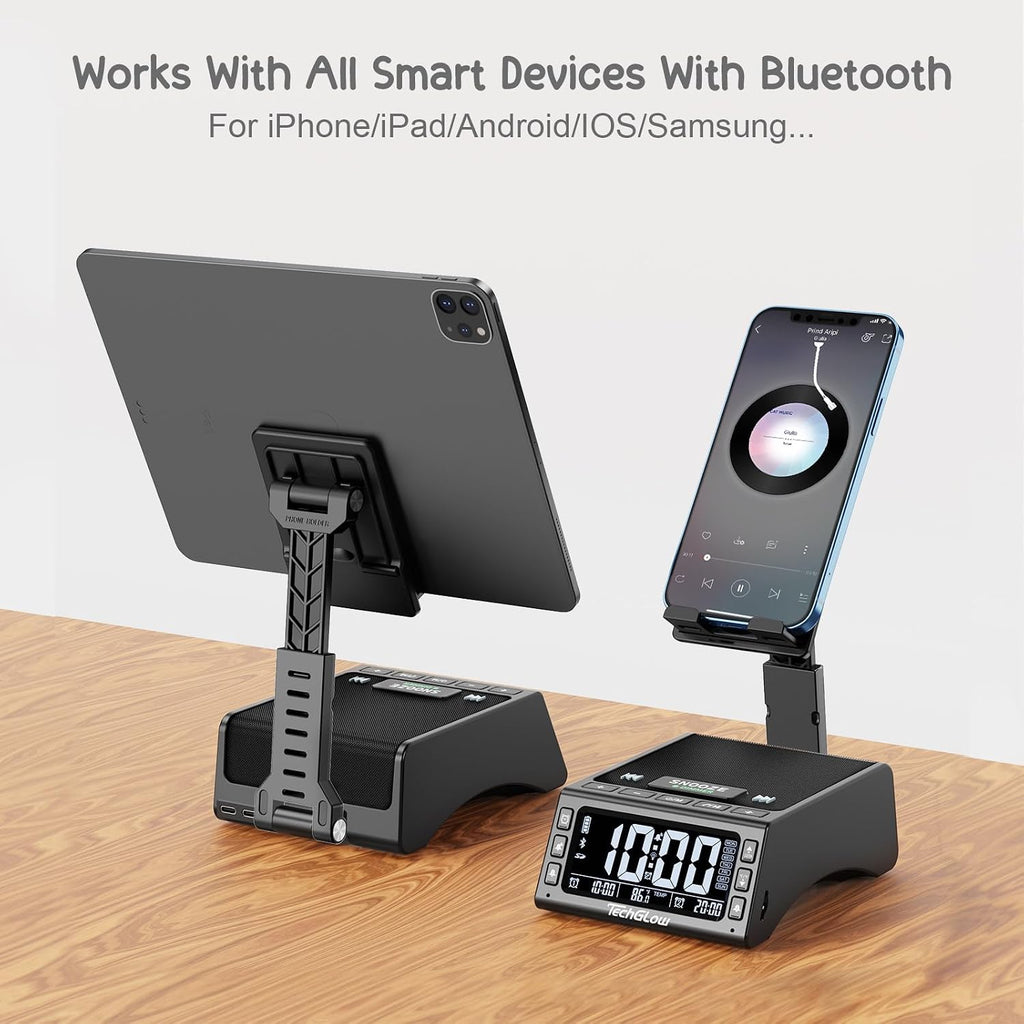 TechGlow Bluetooth Speaker Stand with Dual Alarm Clock, Black