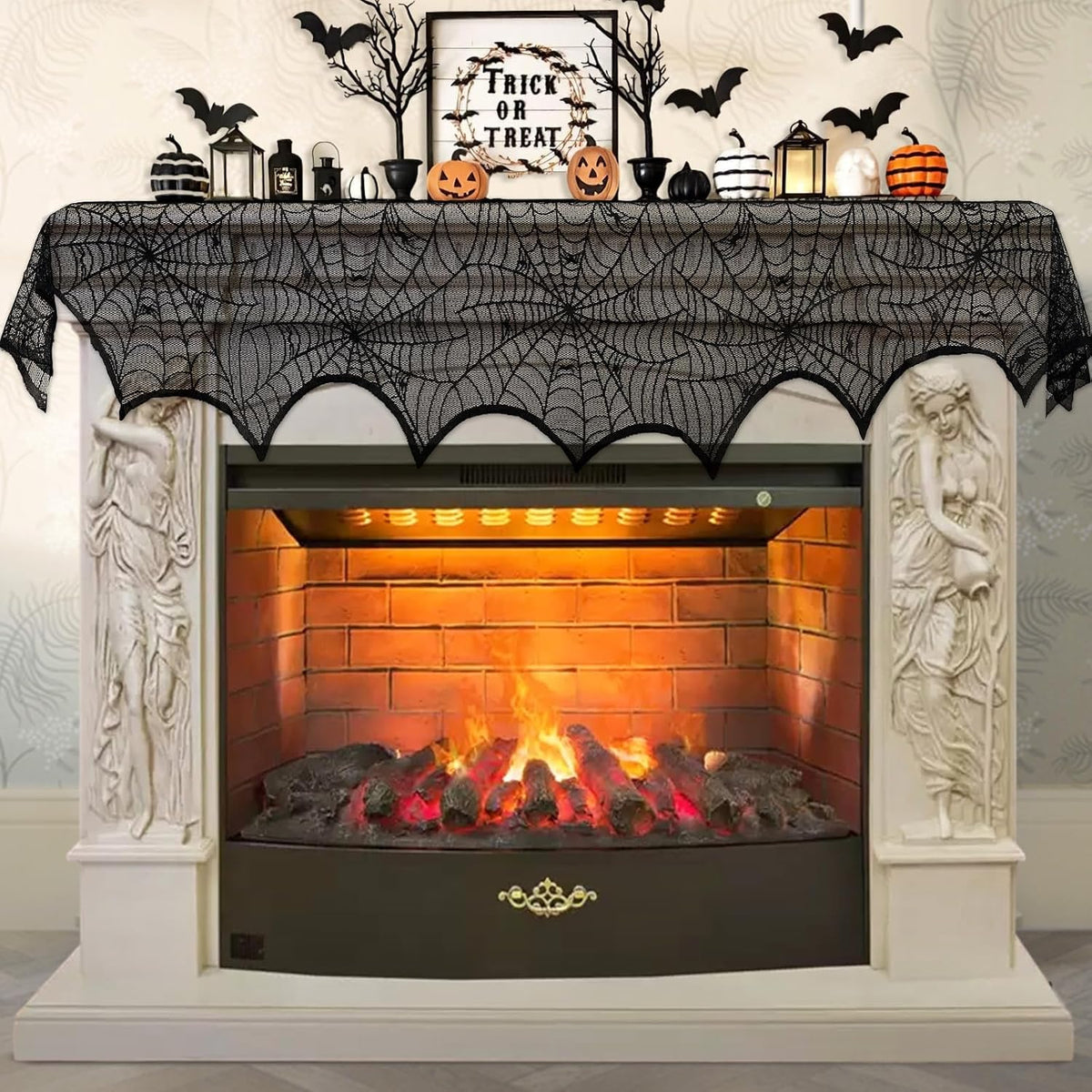 AerWo Black Lace Spiderweb Mantel Scarf