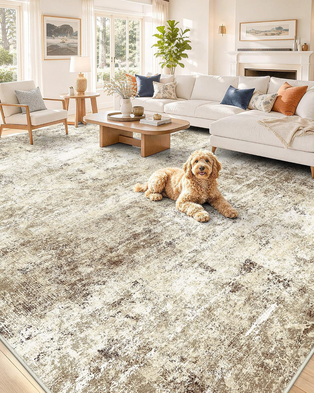 OLANLY Beige Abstract Washable Area Rug
