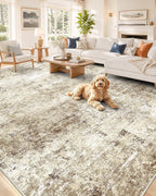 OLANLY Beige Abstract Washable Area Rug