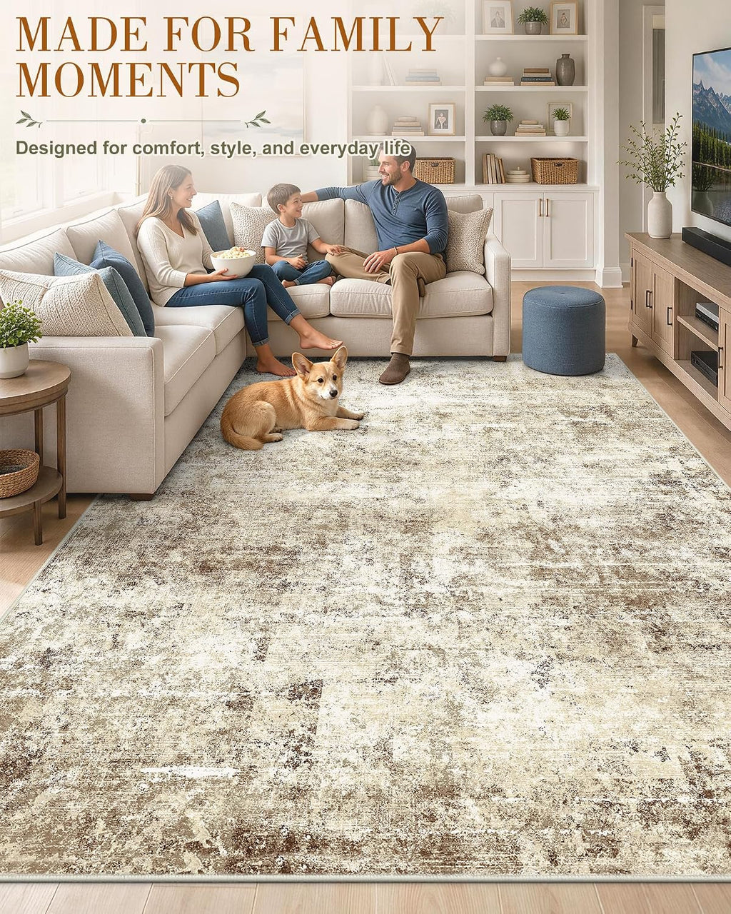 OLANLY Beige Abstract Washable Area Rug
