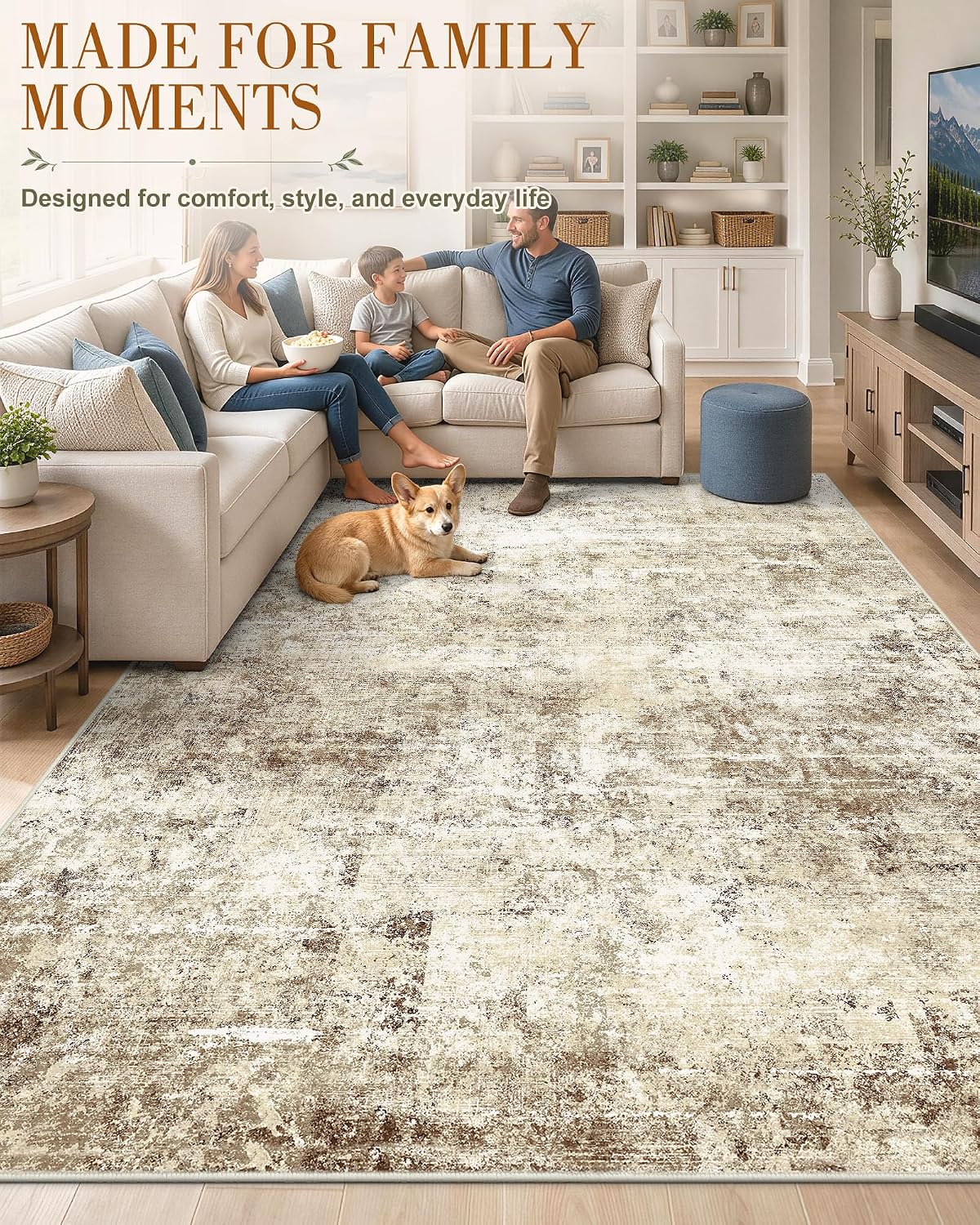 OLANLY Beige Abstract Washable Area Rug