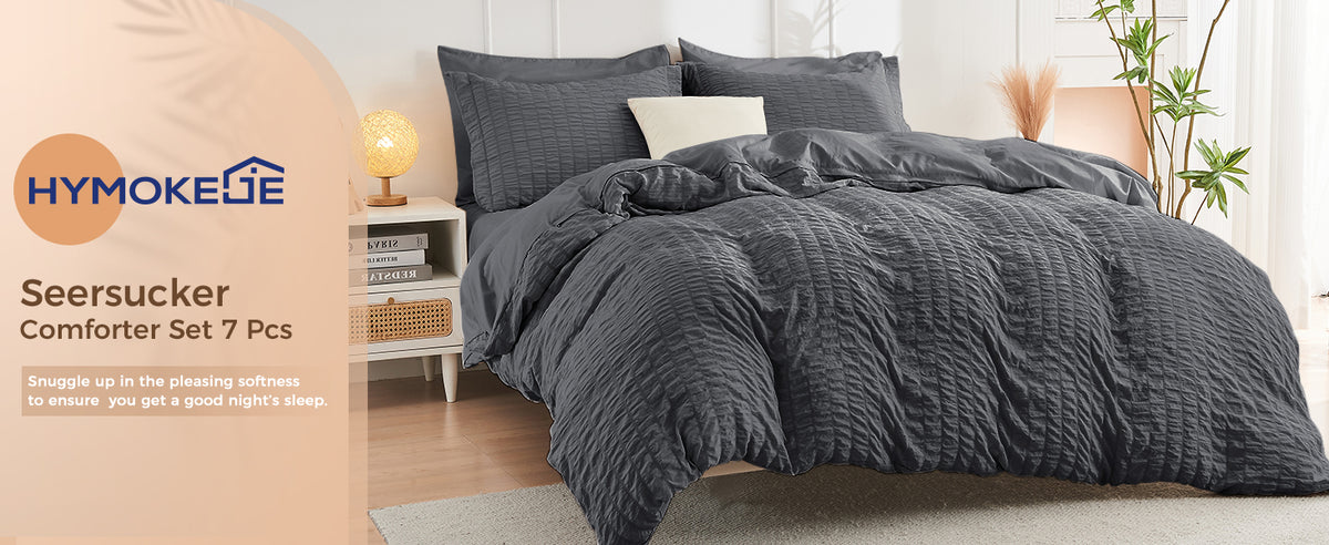HYMOKEGE Queen Seersucker Bedding Set, 7 Pieces, Dark Grey
