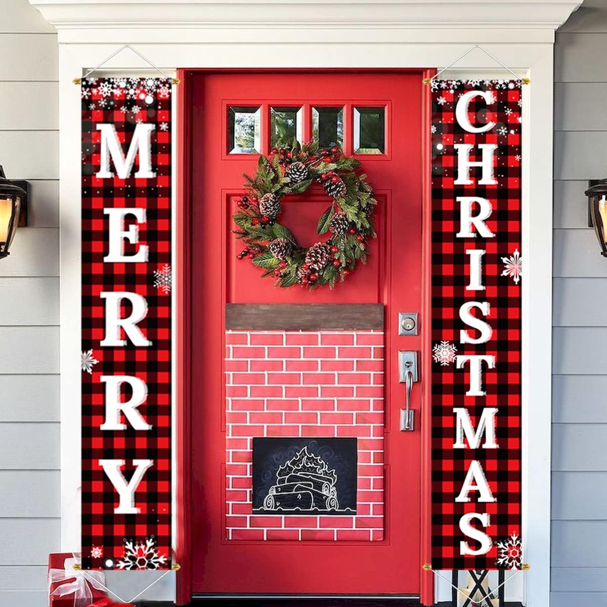 Ivenf Merry Christmas Porch Banners, Red and Black Plaid, Set of 2