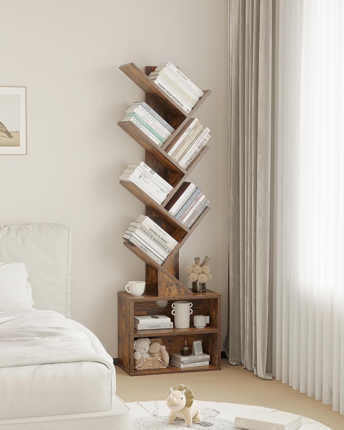 SUNMORY Six-Tier Tree Bookshelf with Storage, Brown