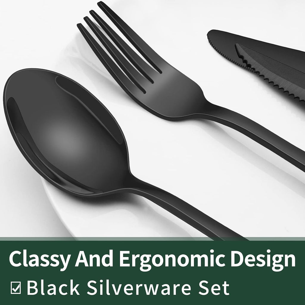 EWFEN Black Flatware with Steak Knives, 24-Piece Set