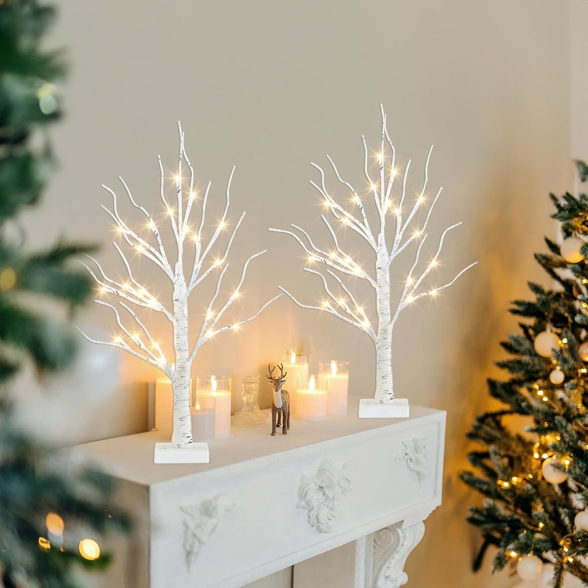 PEIDUO Lighted Birch-Style Tabletop Trees, 2 ft, Set of 2