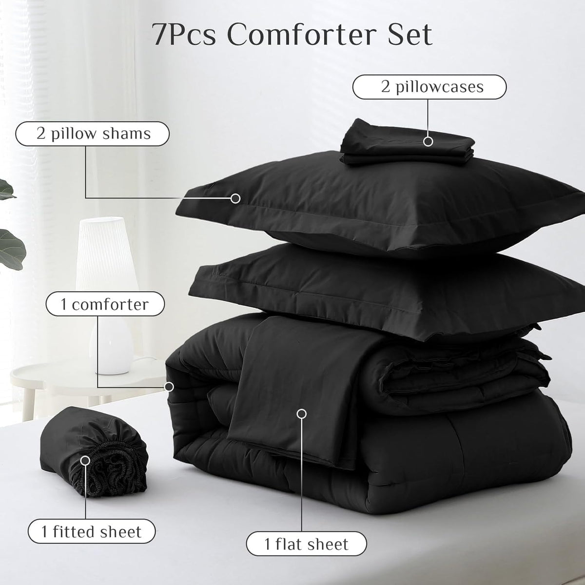JOLLYVOGUE Queen Bedding Set, 7 Pieces, Black