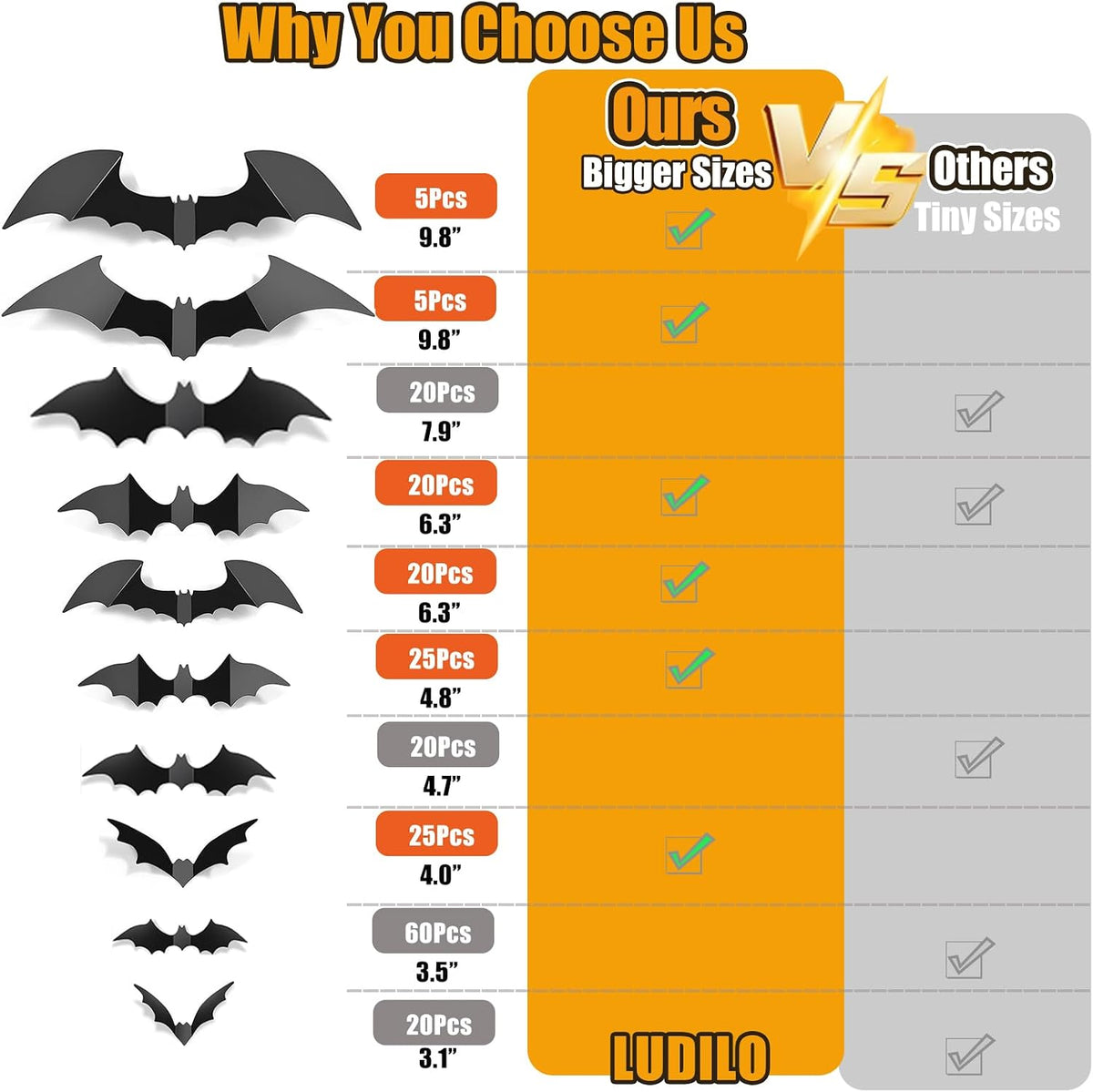 LUDILO Black 3D Bat Wall Decorations, 100 Pieces