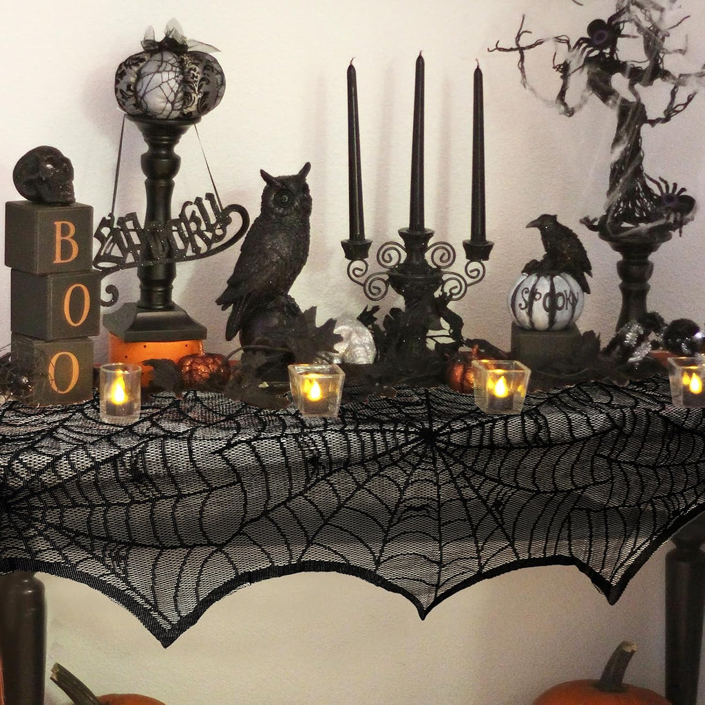 AerWo Black Lace Spiderweb Mantel Scarf
