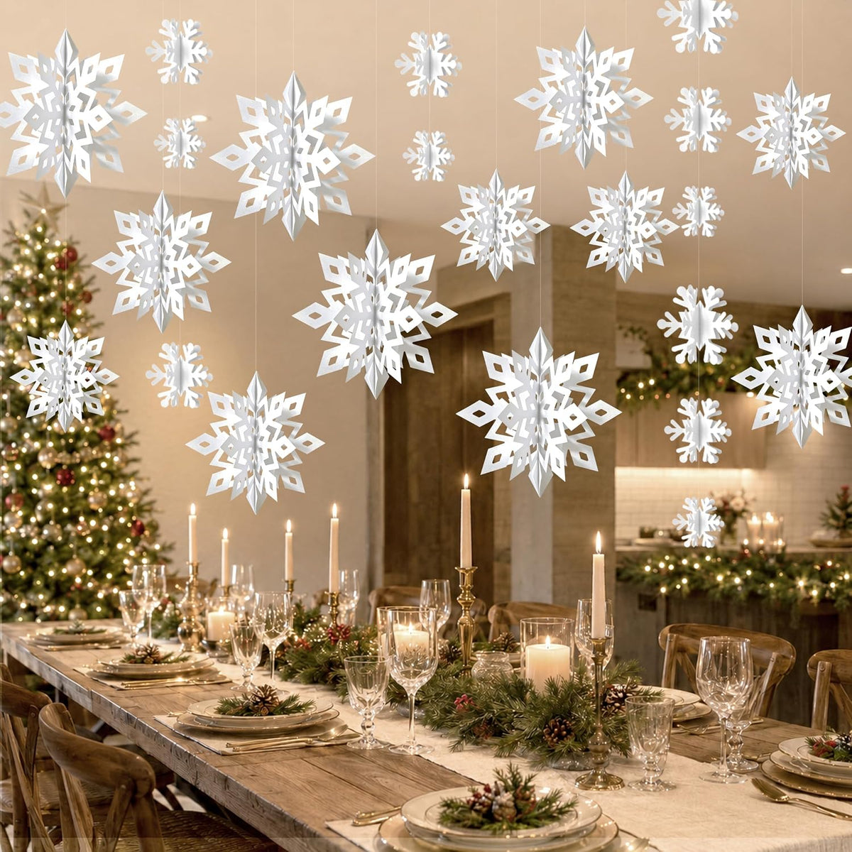 OuMuaMua White 3D Snowflake and Garland Set, 14 Pieces
