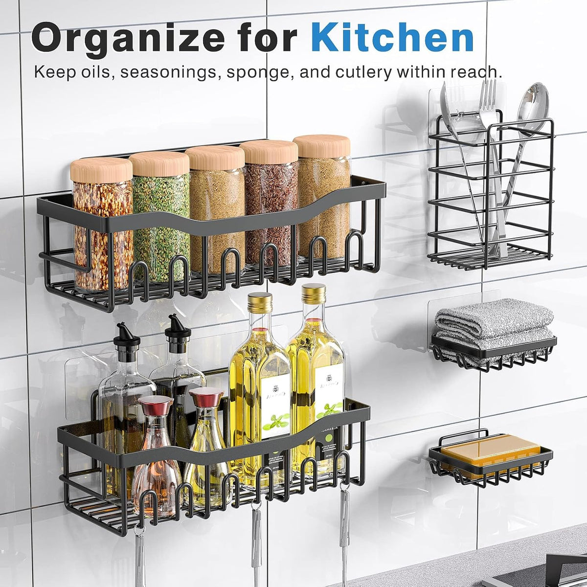 EUDELE Adhesive Bathroom Organizer Set, Black, 5 Pieces