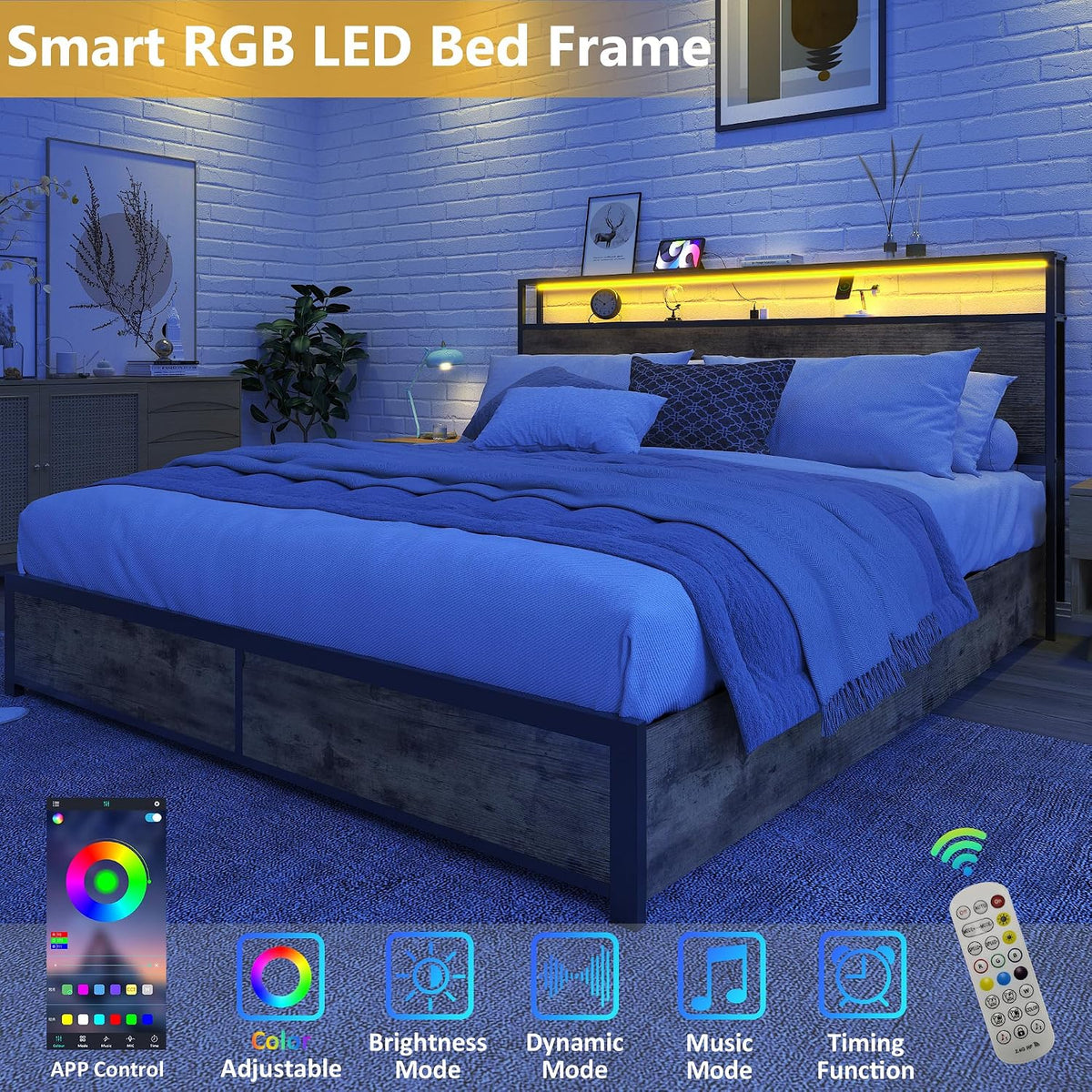 Lifezone Queen Storage Bed Frame with Charging Headboard and LED Lighting