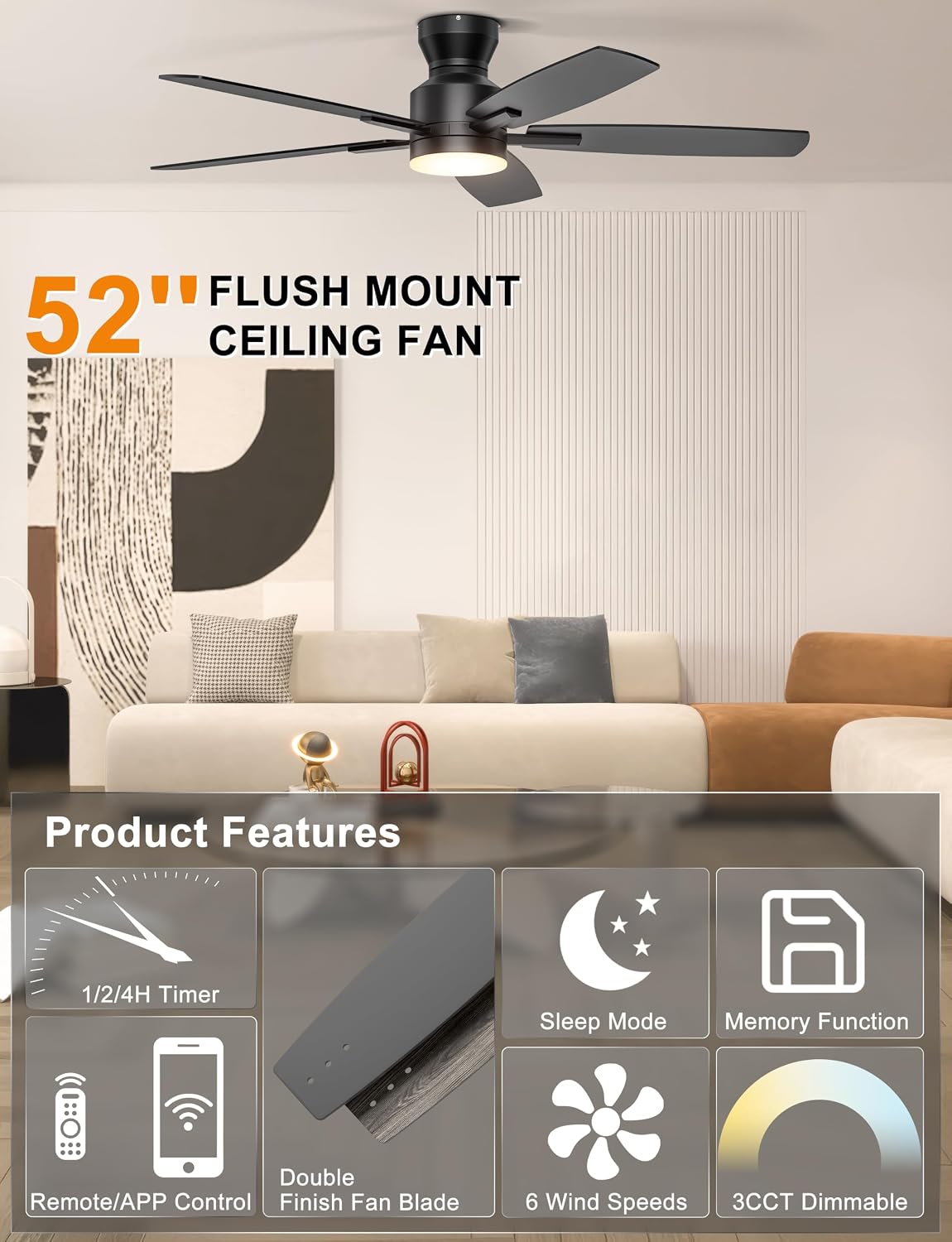Ohniyou 52-Inch Ceiling Fan with Dimmable LED Light, Black