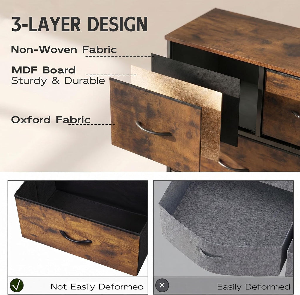 WLIVE 9-Drawer Fabric Dresser in Rustic Brown