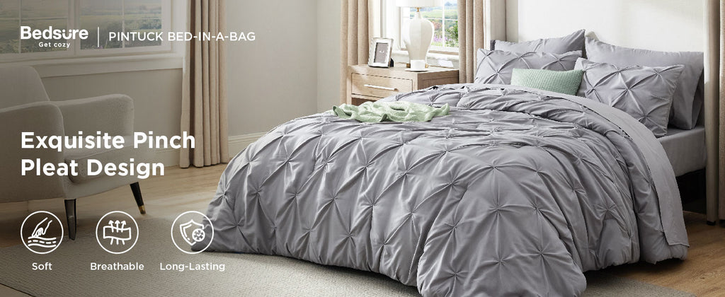 Bedsure Queen Pintuck Bedding Set, 7 Pieces, Grey
