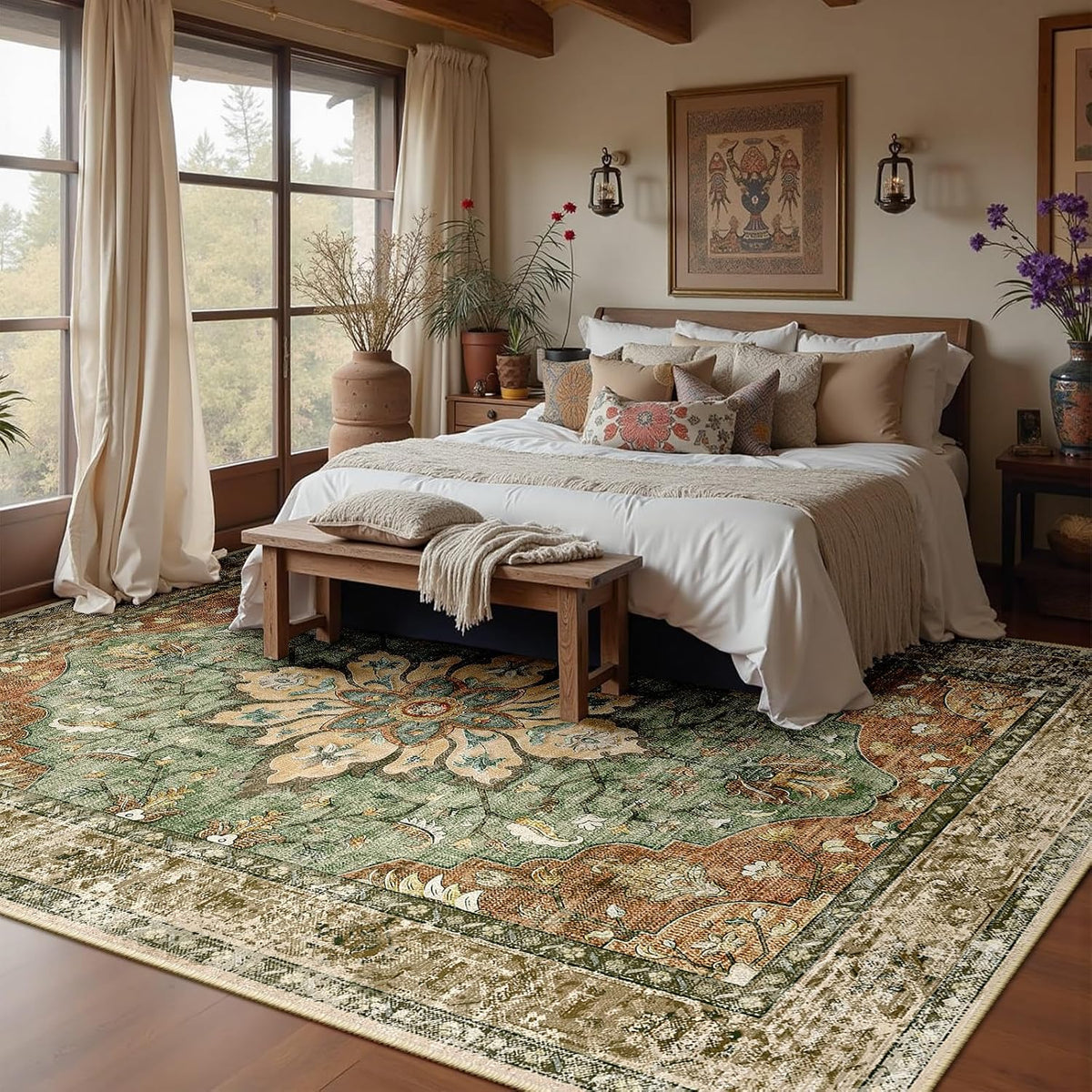 RELEANY Vintage Floral Area Rug, Brick/Brown/Green, 8 x 10 ft
