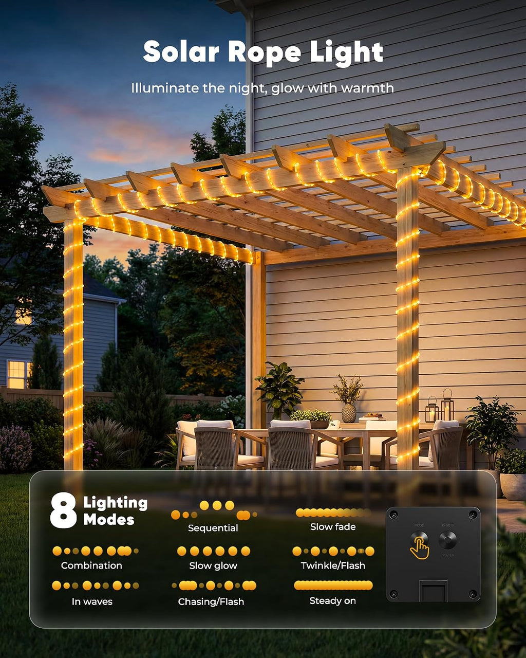 Brightown Solar Rope Lights, Warm White, 39 ft