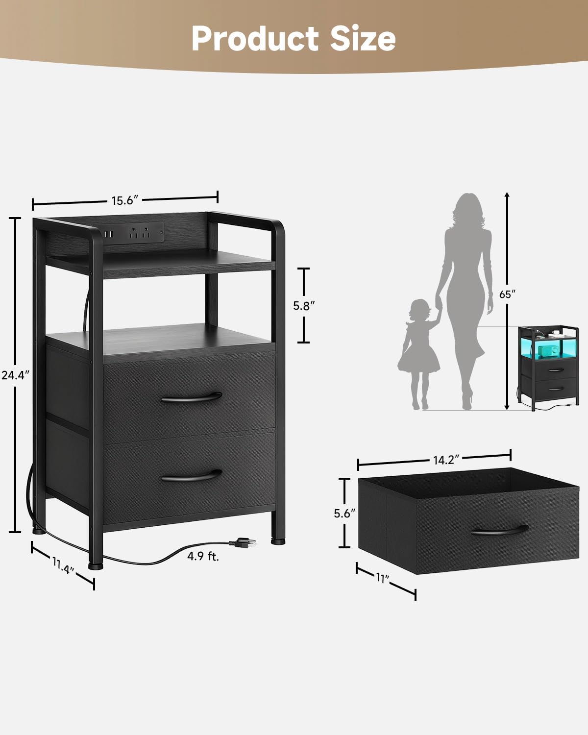 Lazzanto Two-Drawer Nightstand with Charging Station and LED Light, Black