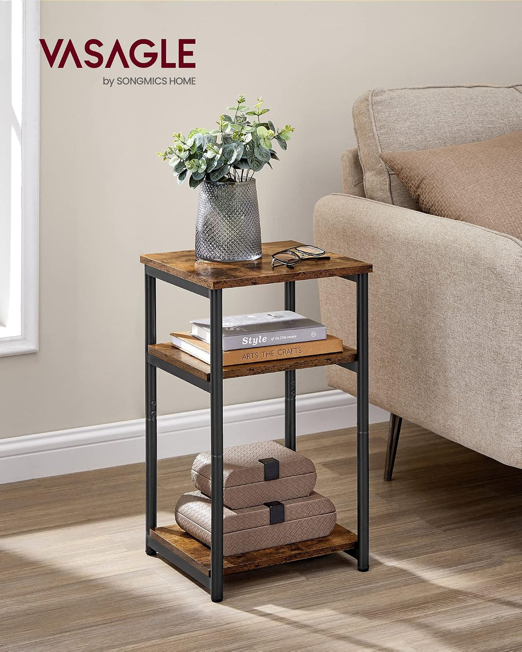 VASAGLE Three-Tier Rectangular Side Table, Rustic Brown and Ink Black