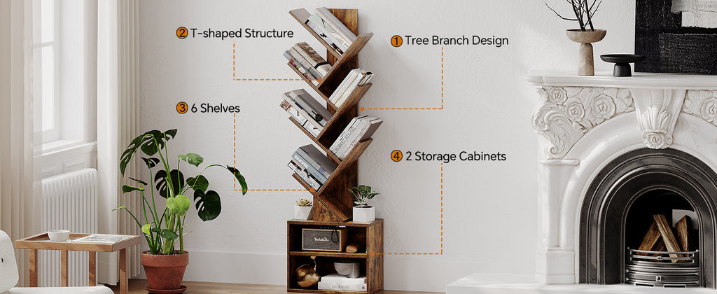 SUNMORY Six-Tier Tree Bookshelf with Storage, Brown